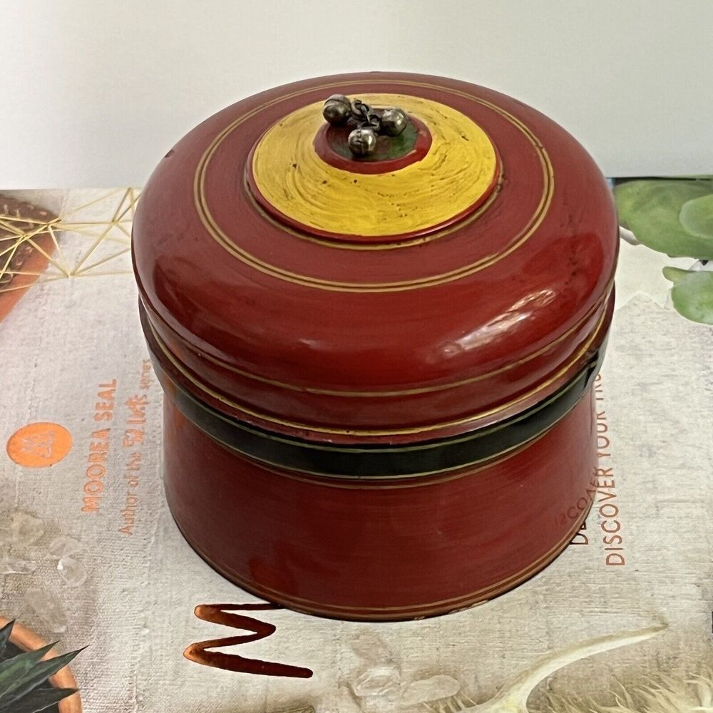 Vintage Wood Kumkum Lacquered Box Tika Powder Trinket Box Red Metal Pom Pom - Picture 7 of 17